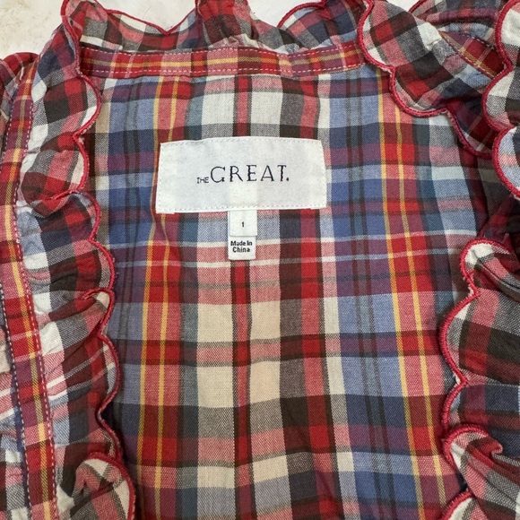THE GREAT. Ruffle Plaid Button Down Blouse - Picture 7 of 8